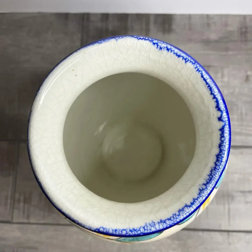 Vintage PIER ONE Italy Blue Yellow Floral Ceramic Crackle Glaze Vase 8 inch